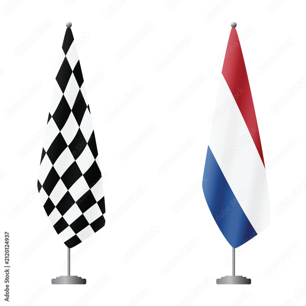 Obraz premium Checkered and Netherlands flags on flagpoles for official ceremonies and meetings, transparent background vector