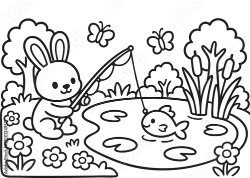 Cute Bunny Fishing Coloring Page Black and White Vector Illustration