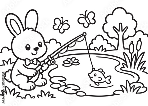 Cute Bunny Fishing Coloring Page Black and White Vector Illustration