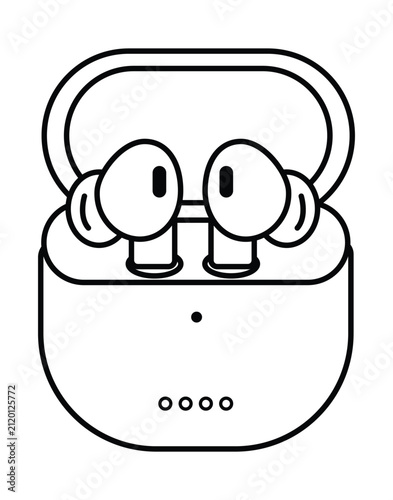 Minimalist black and white line art illustration of wireless earbuds in their charging case.