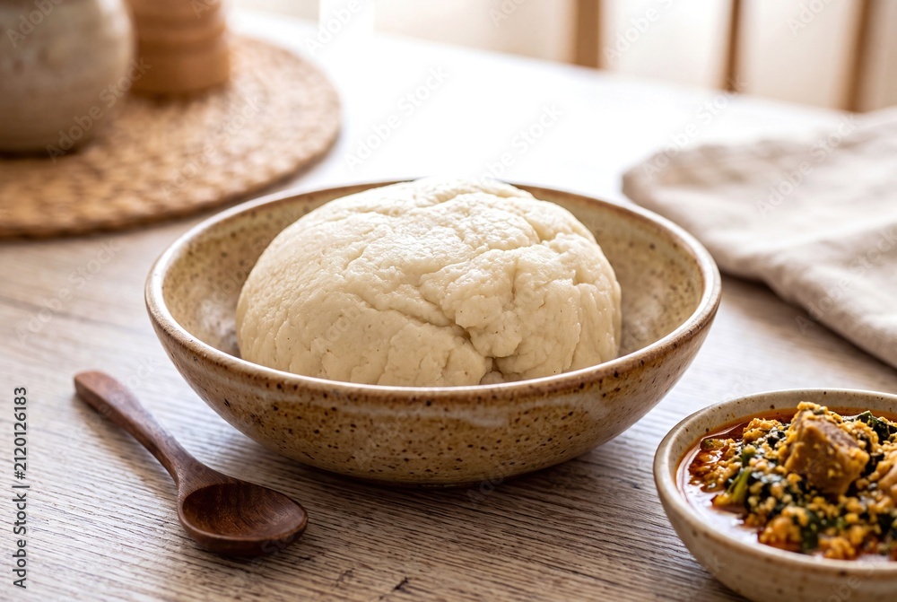 Fototapeta premium Traditional Nigerian fufu made from tough tapioca starch served in a rustic ceramic bowl.