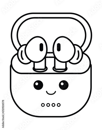 Cute cartoon wireless earbuds in a charging case with a happy face outline.