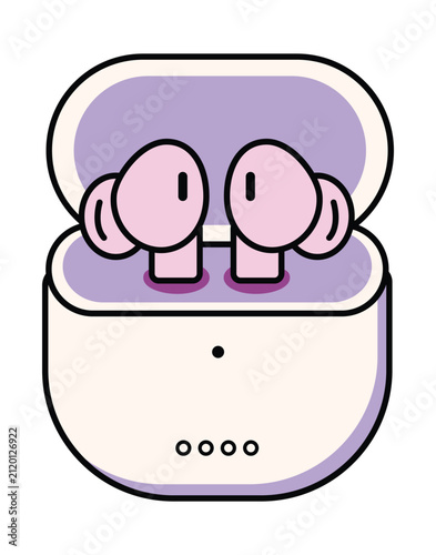 Minimalist flat vector illustration of wireless earbuds inside their charging case.