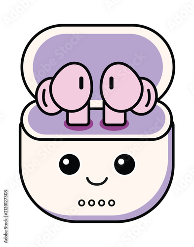 Cute kawaii style illustration of wireless earbuds in a charging case with a smiling face.
