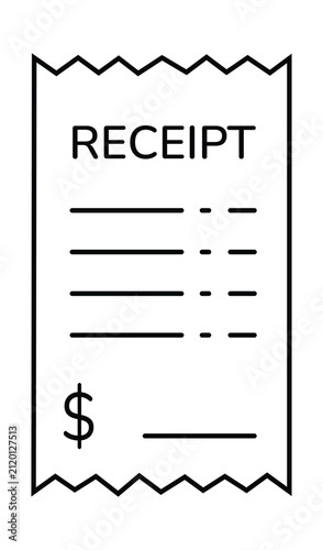 A simple black and white line icon of a paper receipt with a dollar sign.