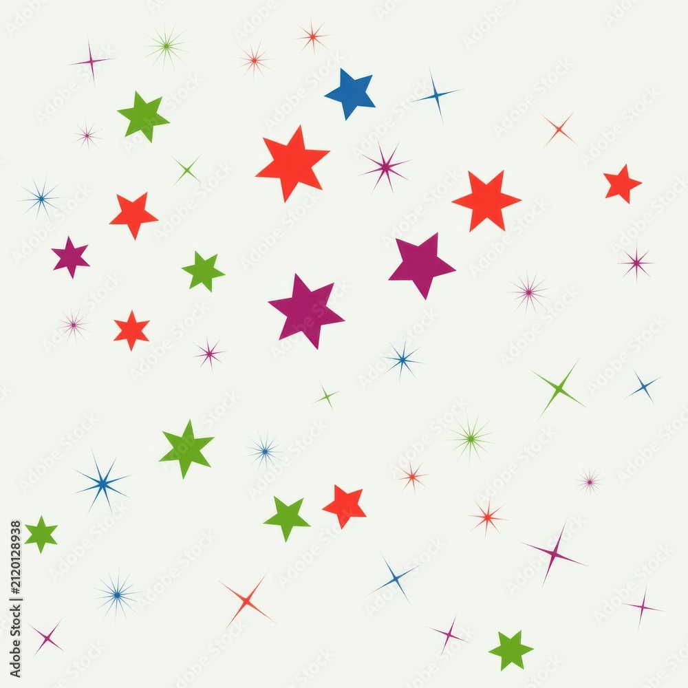 Fototapeta premium Light gray background, with scattered multicolored, stars and sparkling, star bursts in, various sizes