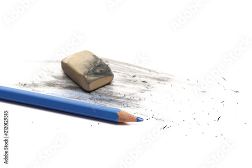 Graphite pencil and eraser with shavings isolated on white background, side view, design element