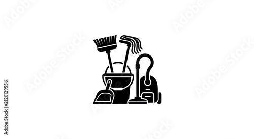 Cleaning supplies icon set including broom mop bucket and vacuum cleaner.