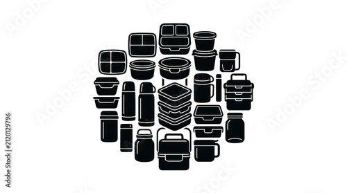 Collection of black food containers and thermoses arranged in a circle on a white background.