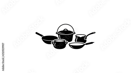 Collection of Black Silhouettes of Various Cooking Pots and Pans on White Background.