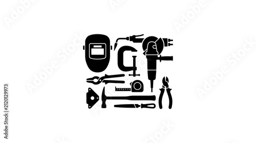 Collection of Black Silhouettes of Various Tools on White Background.