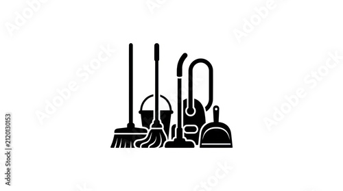 Collection of cleaning supplies and tools on a white background.