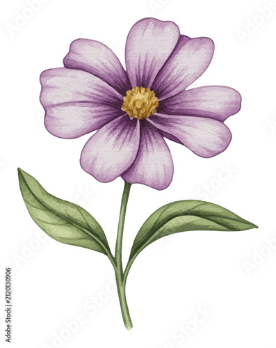 Elegant purple watercolor flower illustration with green leaves and artistic canvas texture