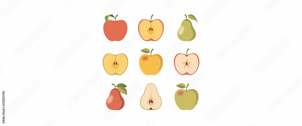 Fototapeta premium Apples and pears, whole and sliced, set of fresh organic fruits, healthy food choice.