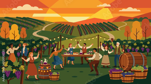 Vineyard Harvest Celebration with People Dancing and Toasting