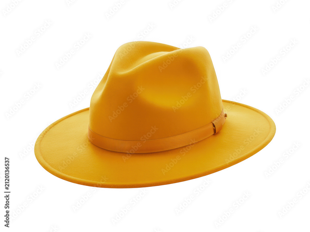 Fototapeta premium A vibrant yellow felt fedora hat isolated against a stark black background