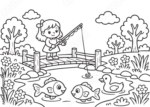 Cute Girl Fishing Coloring Page Black and White Vector Illustration for Kids