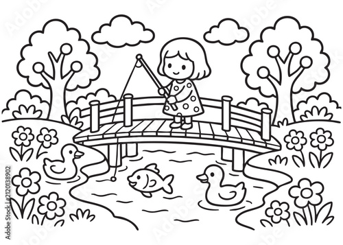 Cute Girl Fishing Coloring Page Black and White Vector Illustration for Kids