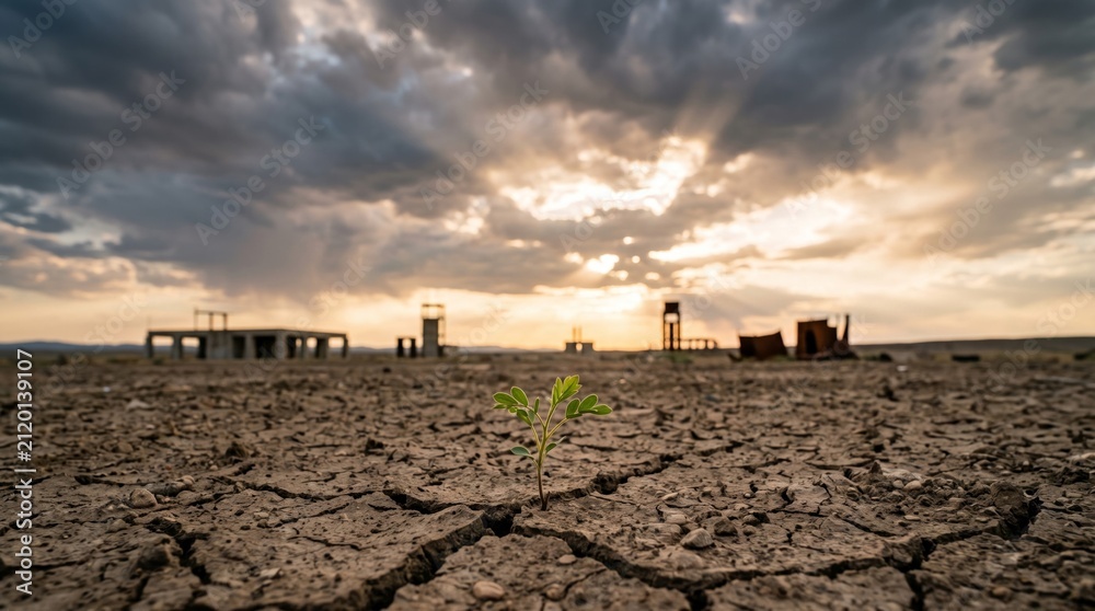 Obraz premium Seedling Emerging from Dry Cracked Ground Under Storm Clouds and Sunset Light