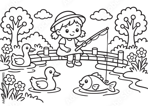 Cute Girl Fishing Coloring Page Black and White Vector Illustration for Kids