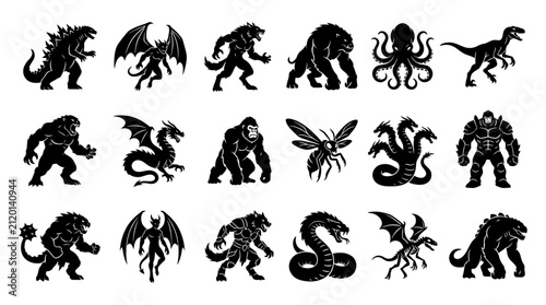 Collection of diverse monster silhouettes, including mythical creatures and beasts, displayed in a graphic illustration style