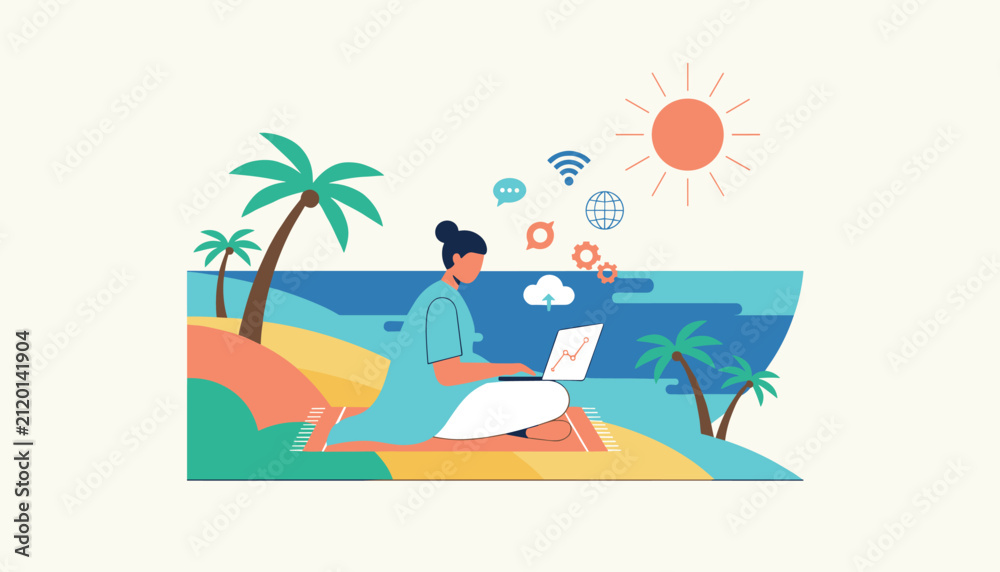 Fototapeta premium Female digital nomad working on her laptop from a beautiful tropical beach demonstrating remote career freedom.