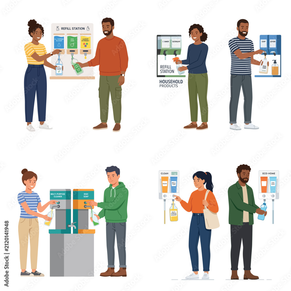 Obraz premium People using eco-friendly refill stations for soap and detergent. Flat vector illustration of sustainable household product dispensing.