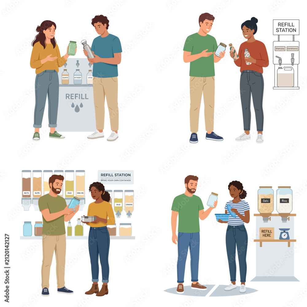 Obraz premium Vector illustration of diverse people using zero waste refill stations for groceries and toiletries to reduce plastic waste.
