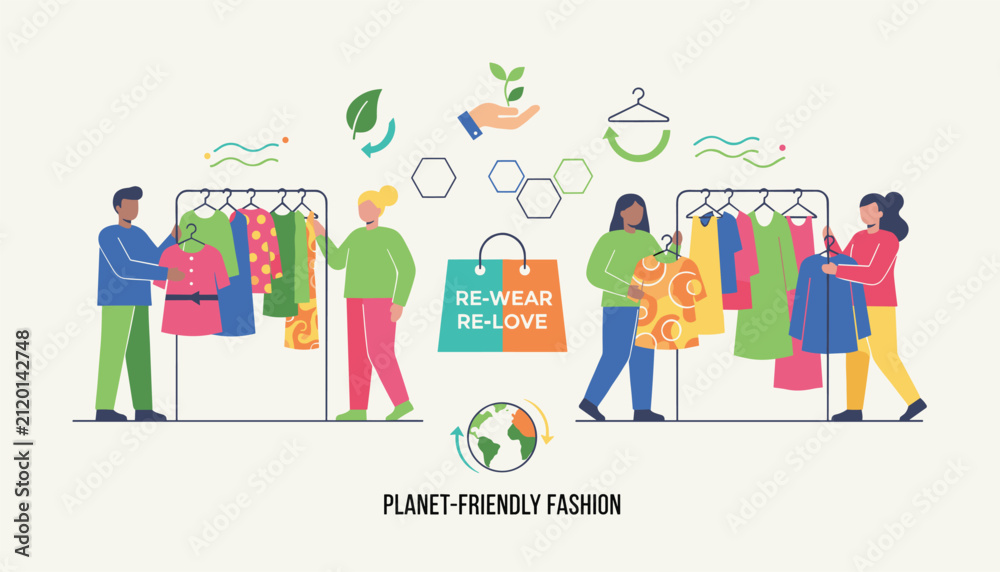 Fototapeta premium Group of conscious consumers shopping eco friendly clothing to promote sustainable fashion and circular economy practices.