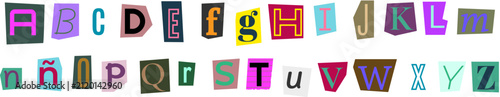 Konstfotografi Complete mixed case Spanish ransom note alphabet featuring colorful paper cutouts including the letter enye isolated on white background