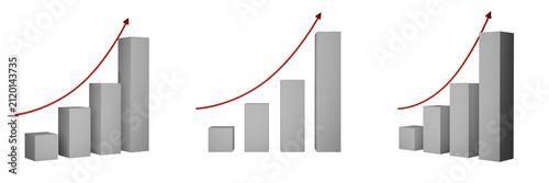 3D rising bar chart set with red growth arrow line on transparent background.
