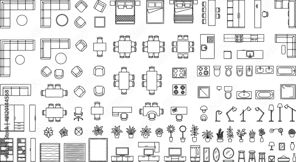 Obraz premium Architectural furniture symbols set for floor plans, top view collection of 2d cad blocks for interior design, isolated on white background