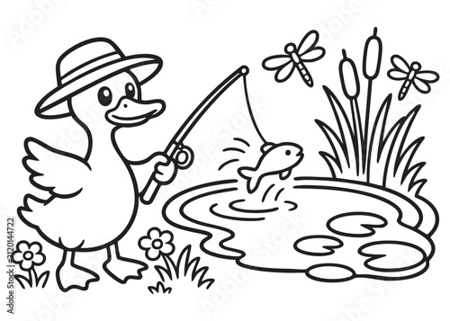 Cute Duck Fishing Coloring Page Black and White Vector Illustration