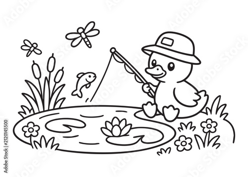 Cute Duck Fishing Coloring Page Black and White Vector Illustration