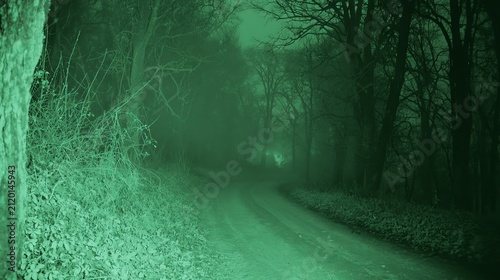 Night vision view of a dark forest road surrounded by overgrown vegetation, eerie wilderness scene showing mysterious atmosphere, hidden danger, surveillance technology and nighttime exploration