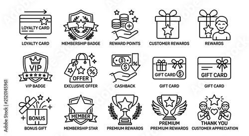 Collection of loyalty program and customer rewards icons featuring gift cards badges and premium membership.