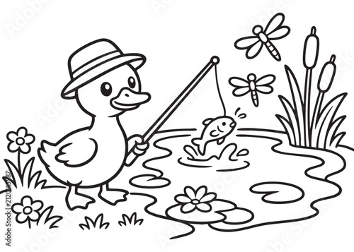 Cute Duck Fishing Coloring Page Black and White Vector Illustration