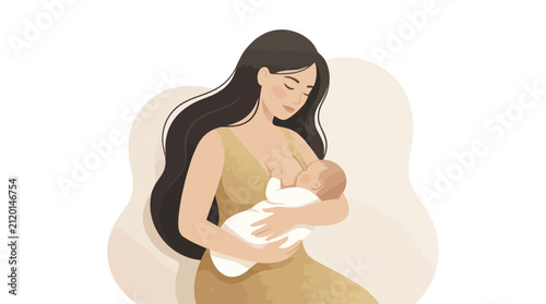 Loving mother breastfeeding her newborn baby with gentle care and affection in a warm and serene illustration style