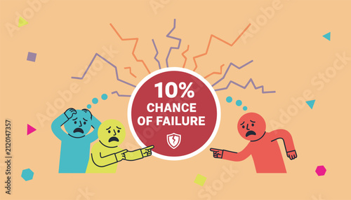 Illustration showing worried cartoon figures pointing at a warning sign representing ten percent chance of failure.