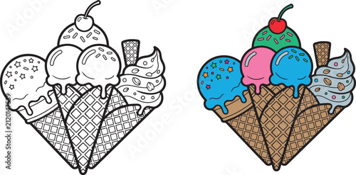 Cuadro en lienzo Comparison between black and white line art and colorful vector illustration of