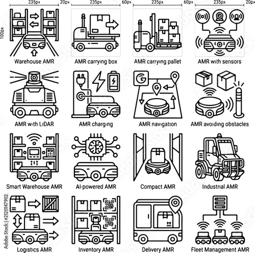 Autonomous Mobile Robot AMR warehouse logistics and fleet management line icons set vector