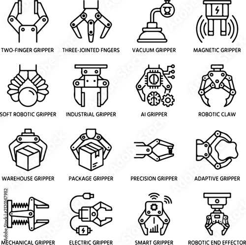 Robotic arm grippers industrial mechanical claw and end effector line icons set vector