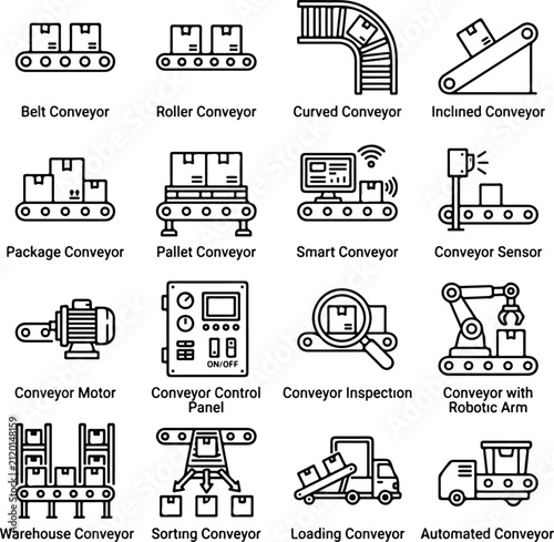Conveyor belt system package sorting and factory automation line icons set vector
