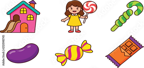 Konstfotografi Sweet Candy Land and Childhood Vector Icon Set Featuring Gingerbread Playhouse,