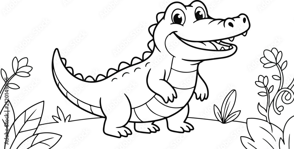 Obraz premium Cute cartoon alligator standing in the jungle
