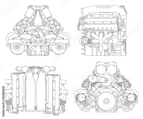 Detailed contour drawing of four distinct car engine types on white background, precise blueprint lines and mechanical components.