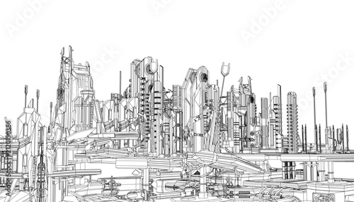 Black and white contour drawing of a futuristic city with varied building shapes and sizes on a white background.