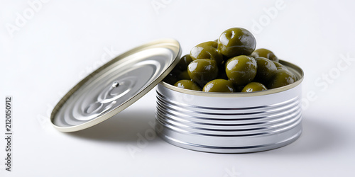Green olives in a silver metal can with an open lid presented on a white surface
