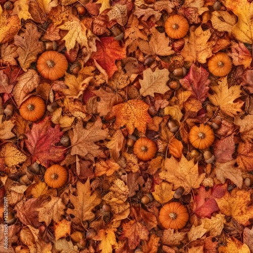 Rustic autumn leaves and acorns seamless texture, seasonal fall background
