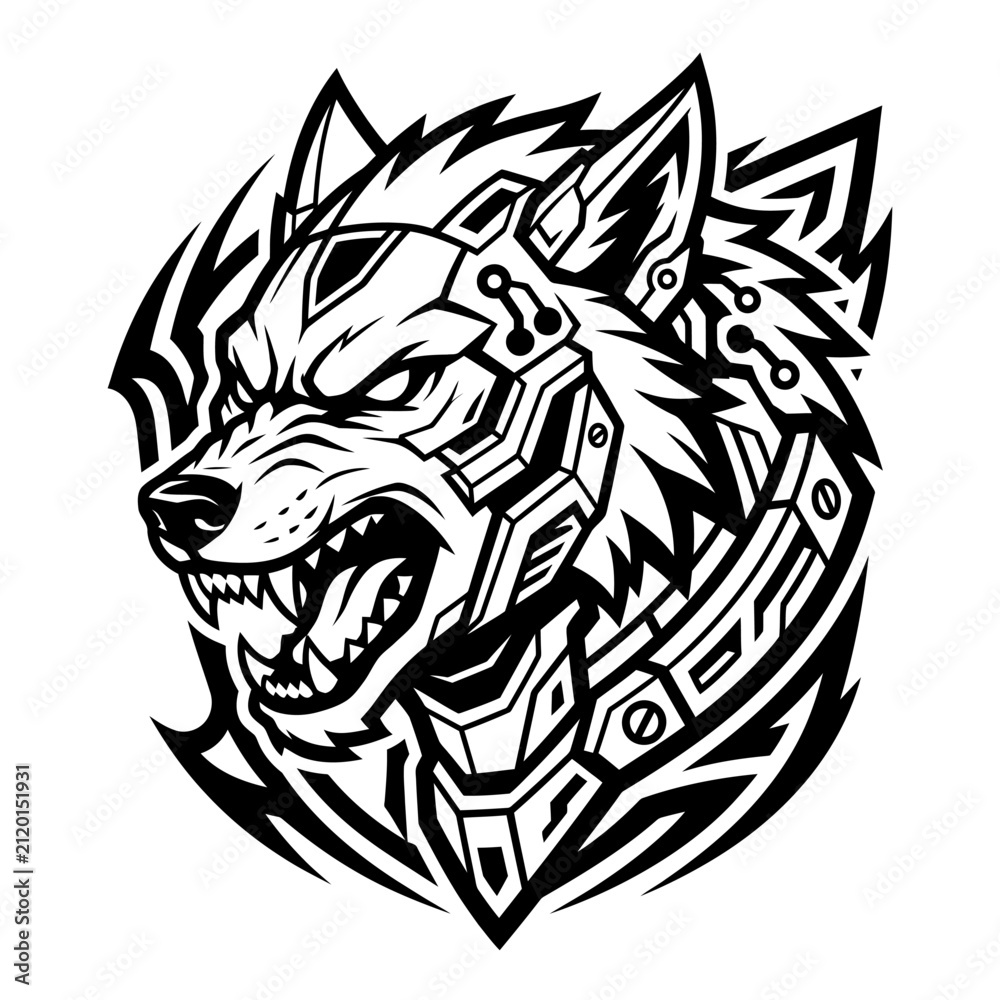 Fototapeta premium Dynamic robotic wolf head with circular tech pattern.